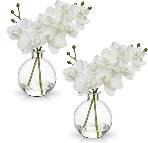 Hollyone 2pcs Artificial White Orchid Flower in Vase, Small Fake Orchid ...