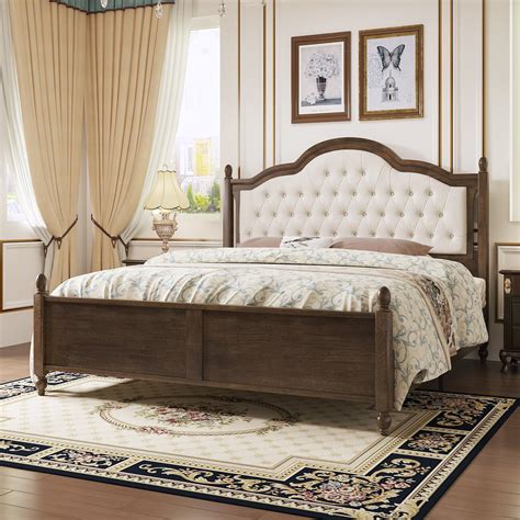 Amazon.com: LUXOAK King Size Wood Bed Frame with Upholstered Headboard ...