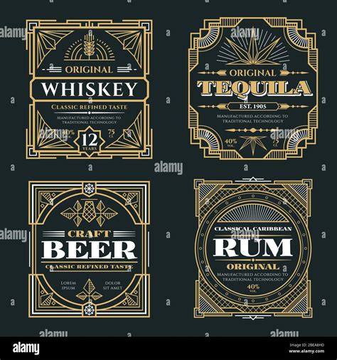 Vintage whiskey and alcoholic beverages vector labels in art deco retro ...