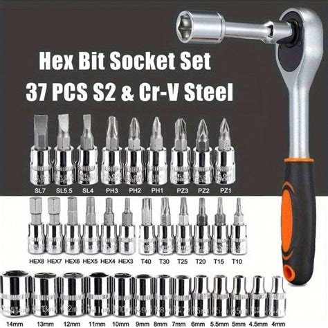 46pcs Chrome Vanadium Steel Tool Set With 1/4" Drive Ratchet Wrench, Metric Sockets, Screwdriver ...