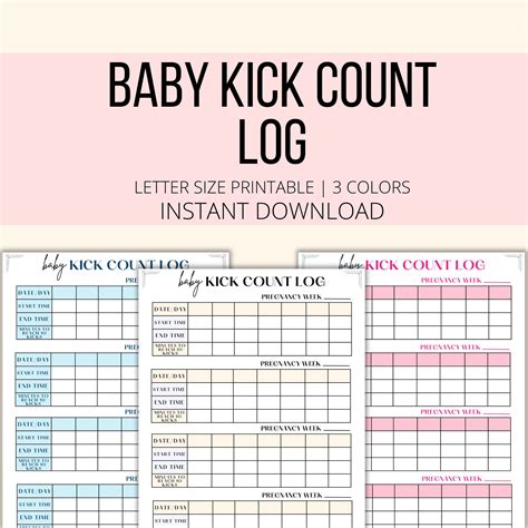Kick Count Log Printable, Baby Kick Count Chart PDF, Fetal Movement Log, Pregnancy Kick Counter ...