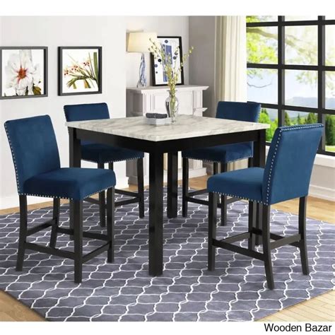 Quirke 4 Seater Counter Height Marble Top Dining Table Set – Wooden Bazar