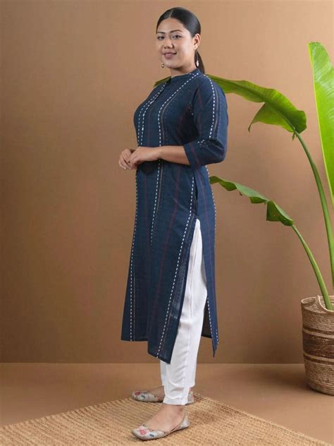 Buy Plus Size Navy Blue Striped Cotton Kurta Online at Rs.599 | Libas