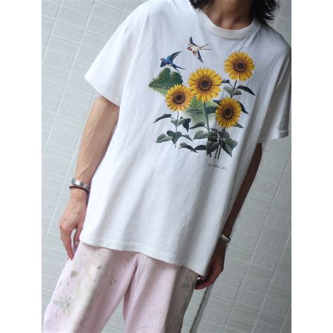 【CUBA】1990s vintage sun flower printed t-shirt made in USA -7701- | cv