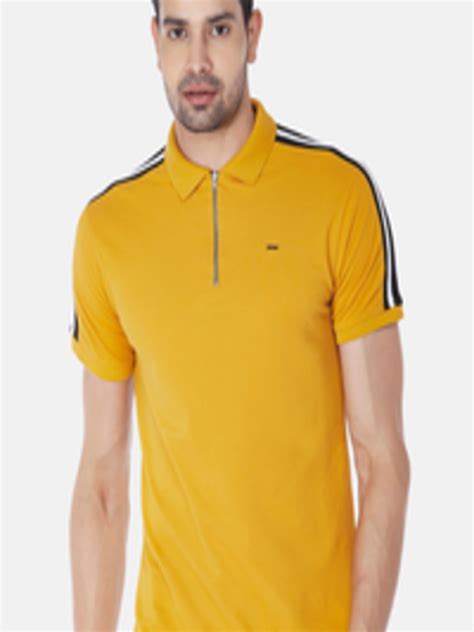 Buy People Men Mustard Yellow & Black Striped Polo Collar T Shirt ...