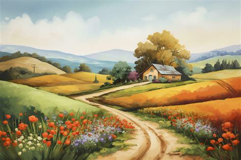 Countryside Charm Paint a peaceful countryside, A watercolor painting depicting a rural ...