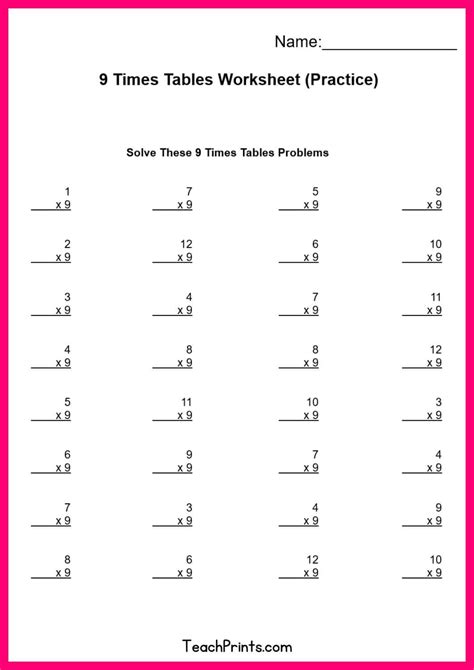 FREE x9 Times Nine Multiplication Table Math Worksheets Vertical ...