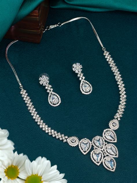Rhodium Plated American Diamond Jewellery Set – PRIVIU