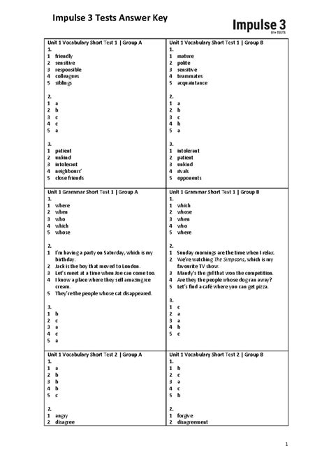 Impulse 3 Tests Answer Key: Units 1-5 Vocabulary & Grammar - Studocu