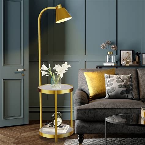 Mercer41 Modern Floor Lamp With 2-Tier End Bedside Tables Storage ...