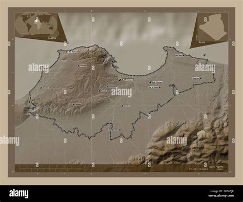 Alger, province of Algeria. Elevation map colored in sepia tones with lakes and rivers ... - map of algeria with major cities