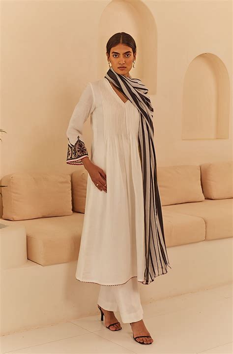 White Pleated Suit Set with Striped Dupatta – INCHING INDIA