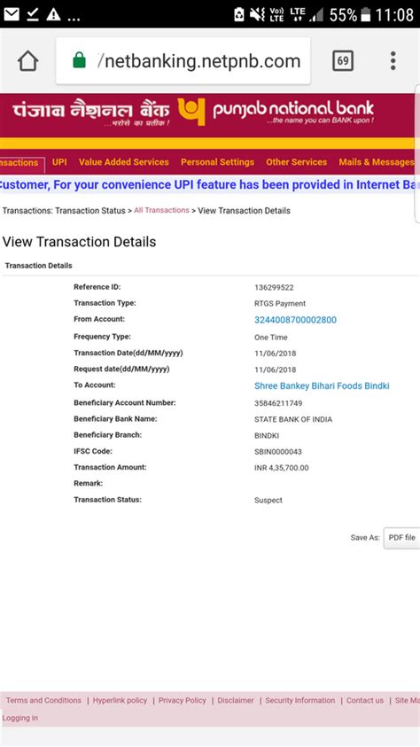 Punjab National Bank [PNB] — transaction status showing as suspect