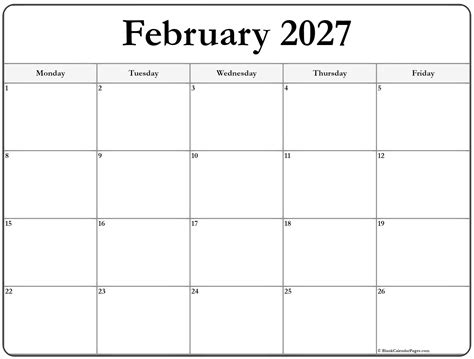 February 2027 Monday Calendar | Monday to Sunday