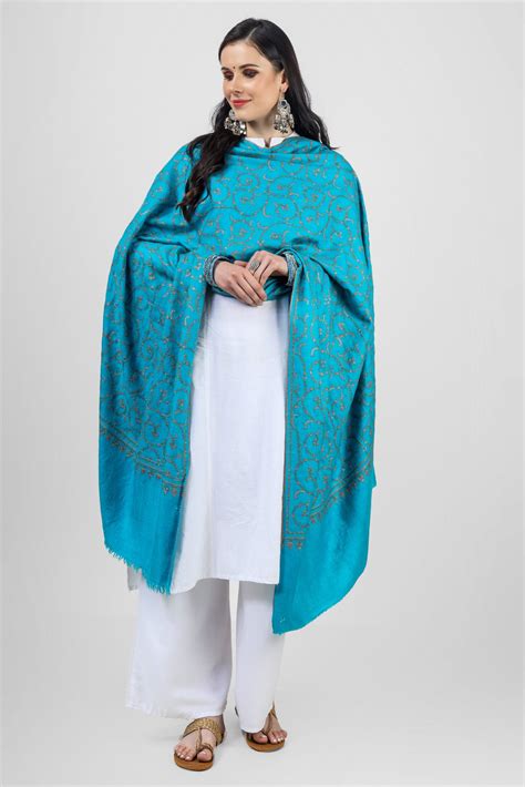 Sky Blue Pashmina Jaldaar Embroidered Shawl - Kepra