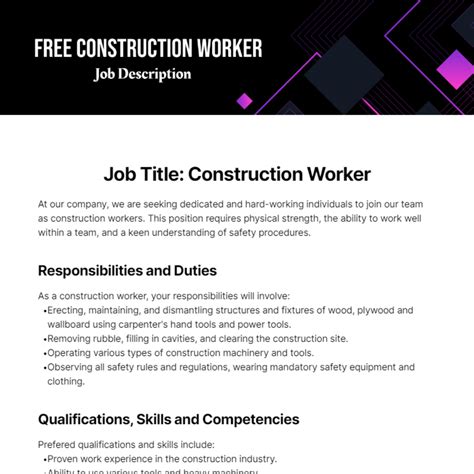 Free Construction Worker Job Description Template to Edit Online