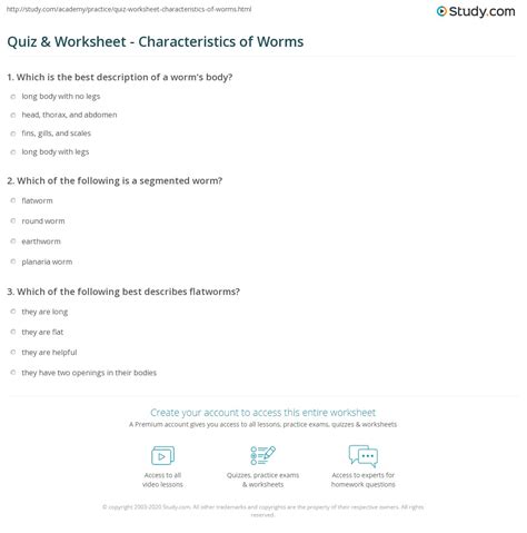 Quiz & Worksheet - Characteristics of Worms | Study.com