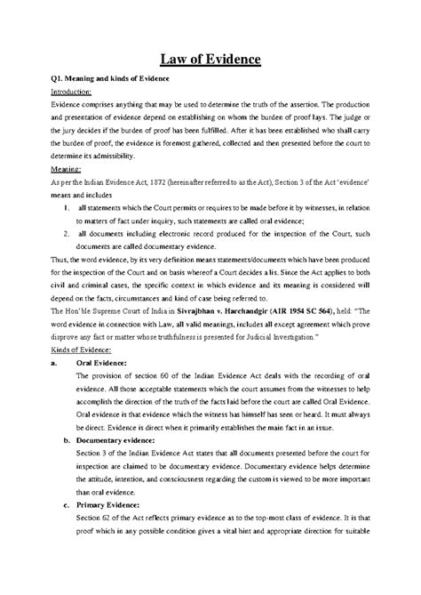 Law of Evidence Mids - Mid Term Notes - Law of Evidence Q1. Meaning and ...