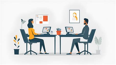 Flat illustration of man and woman in video conference at desks with ...