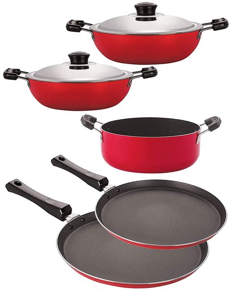 Buy Nirlon Aluminium Cookware Set, 5-Pieces, Red and Black (2.6mm_FT13 ...