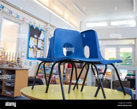 Chairs On Tables In Empty Primary Or Elementary School Classroom At End ...
