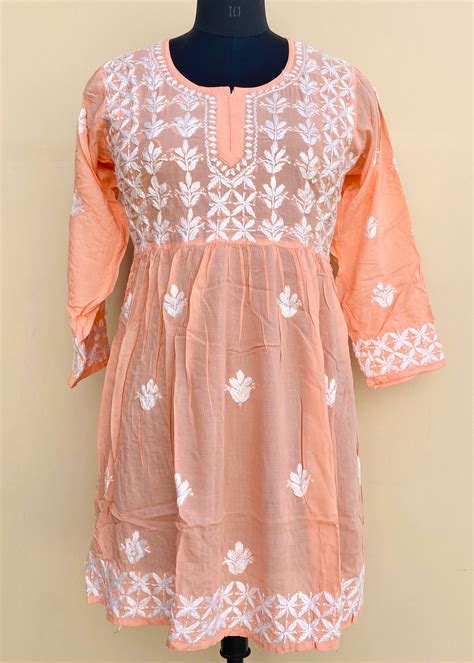 Lucknowi Chikankari Short Kurti Peach Modal Cotton – Chikirpolo