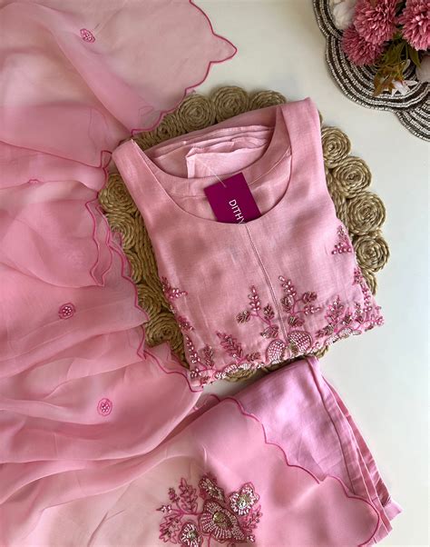 K420 - Mul Chanderi handwork Aline Kurti with pants and dupatta – Dithya.in