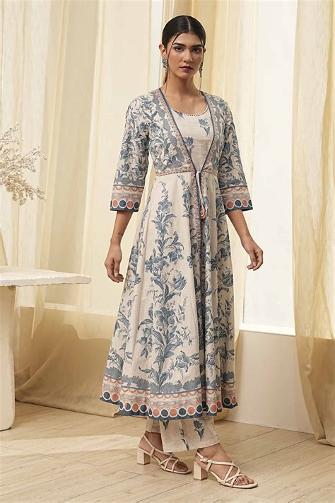 Buy Beige and Blue Printed Front Open Kurta Set Online at Biba India