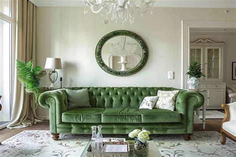 Contemporary Living Room Design With Green Chesterfield Sofa