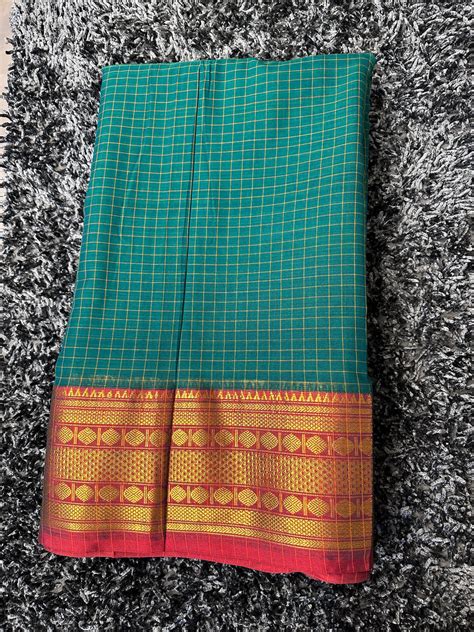 Narayanpet Royal border checks fabric 1 meter cut - Peacock green ...