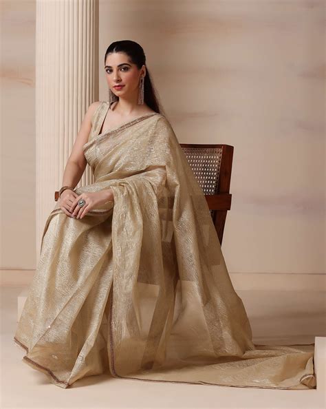 Regal Silver Gold Shimmer Embellished Crush Tissue Saree – HANDME