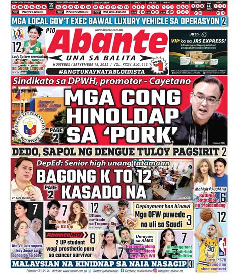 Abante Front Page | Balita ngayong September 15, 2022 | Abante