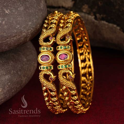 Peacock Motif Bridal AD Matte Gold Plated Temple Bangles – Sasitrends