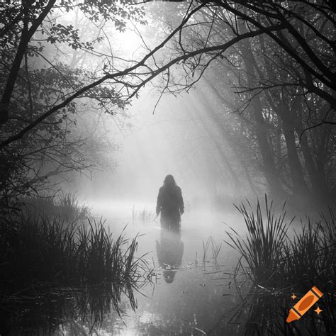 A figure in a ghillie suit emerges from a misty swamp in a dark, atmospheric black and white ...