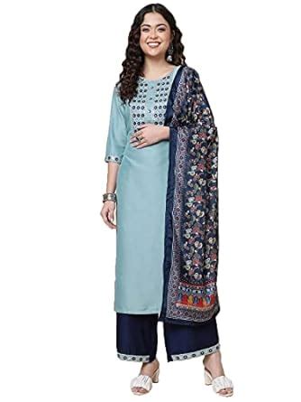 Shiv Textiles Silk Embroidered Kurta Set for Women (224-Sky Blue-M ...