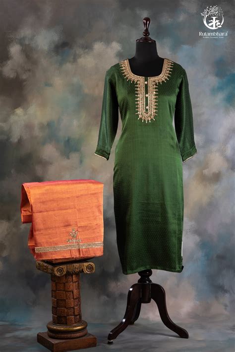 Emerald Green Mashroo Silk Suit Set with Rust Orange Bottom – RUTAMBHARA