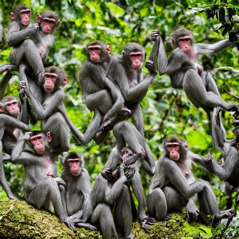 a family of monkeys swing through the trees in a | Stable Diffusion