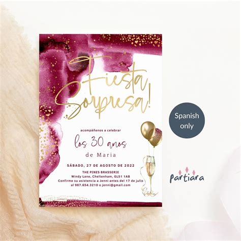 Red Gold Ladies Surprise Birthday Invite in Spanish Fiesta Sorpresa ...
