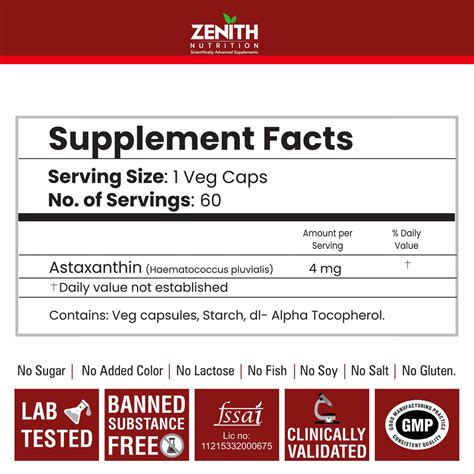 Zenith Nutrition Astaxanthin 4mg 60 capsules | Super Antioxidant ...