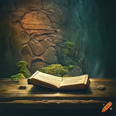 Image of an ancient Book of Wisdom in a cave on Craiyon