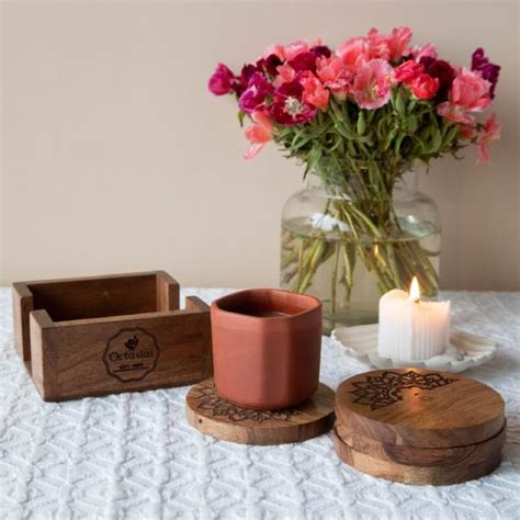 Pure Sheesham Wood Coasters with Holder- Set of Four – Octavius