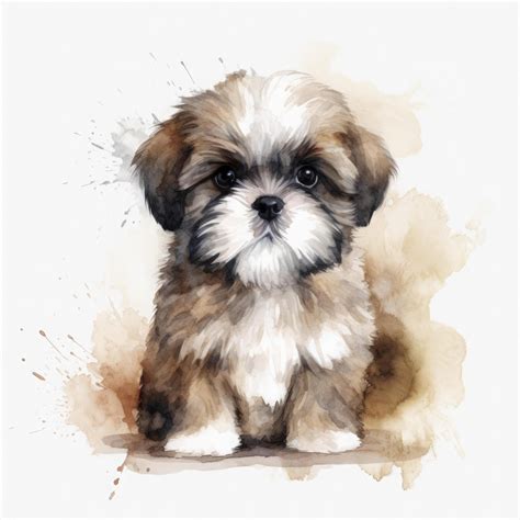 cute fluffy watercolor of a shih Tzu puppy on background, Generate Ai ...