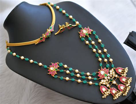 Gold tone pink-green-white kundan jadau lotus haar combo set dj-44964 ...