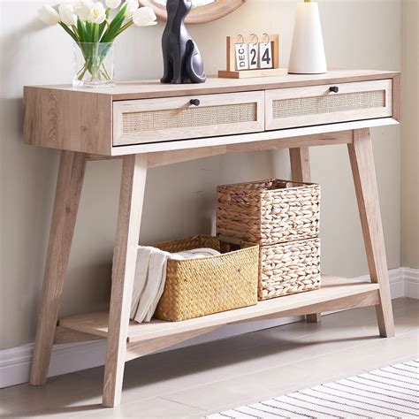 Buy OKD Entryway Table with Natural Rattan Storage Drawers Mid Century ...