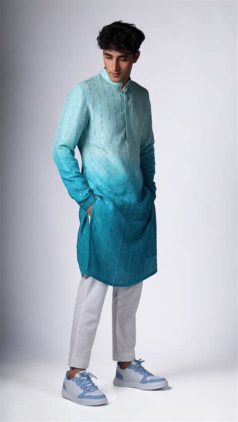 Sky Blue Ombre Kurta with Sequin and Mirror Embellishments - BWO by Sm ...