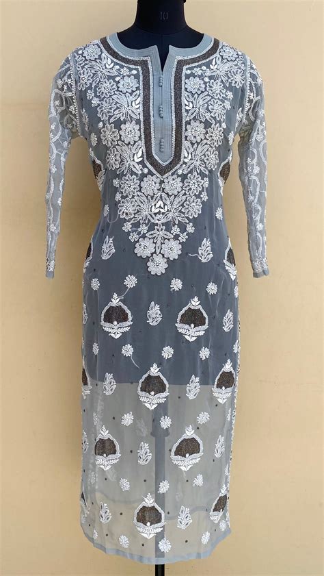 Lucknowi Chikankari Kurti Gray Georgette With Cutdana Work – Chikirpolo