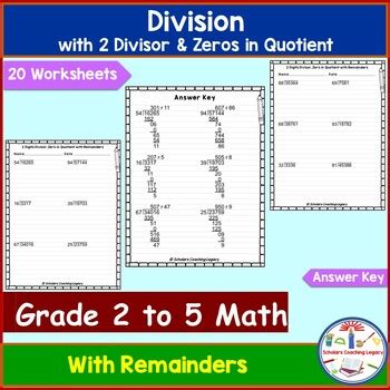Division with 2 Divisor & Zeros Quotient with Remainders Worksheets Math
