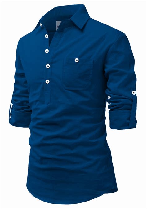 Men's Cotton Fabric Roll Up Sleeve Spread Collar Royal Blue Kurta – Apektra