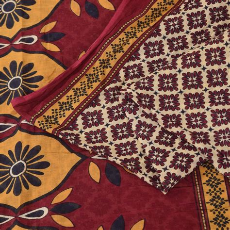 Sanskriti Vintage Sarees Indian Ivory Pure Cotton Printed Sari 5+yd Cr