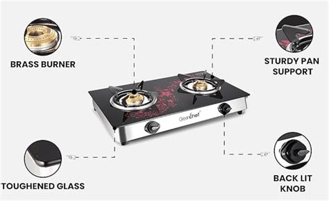 GREENCHEF Crystal Plus 2 Burner Glass Gas Stove (Black , Red), Manual ...